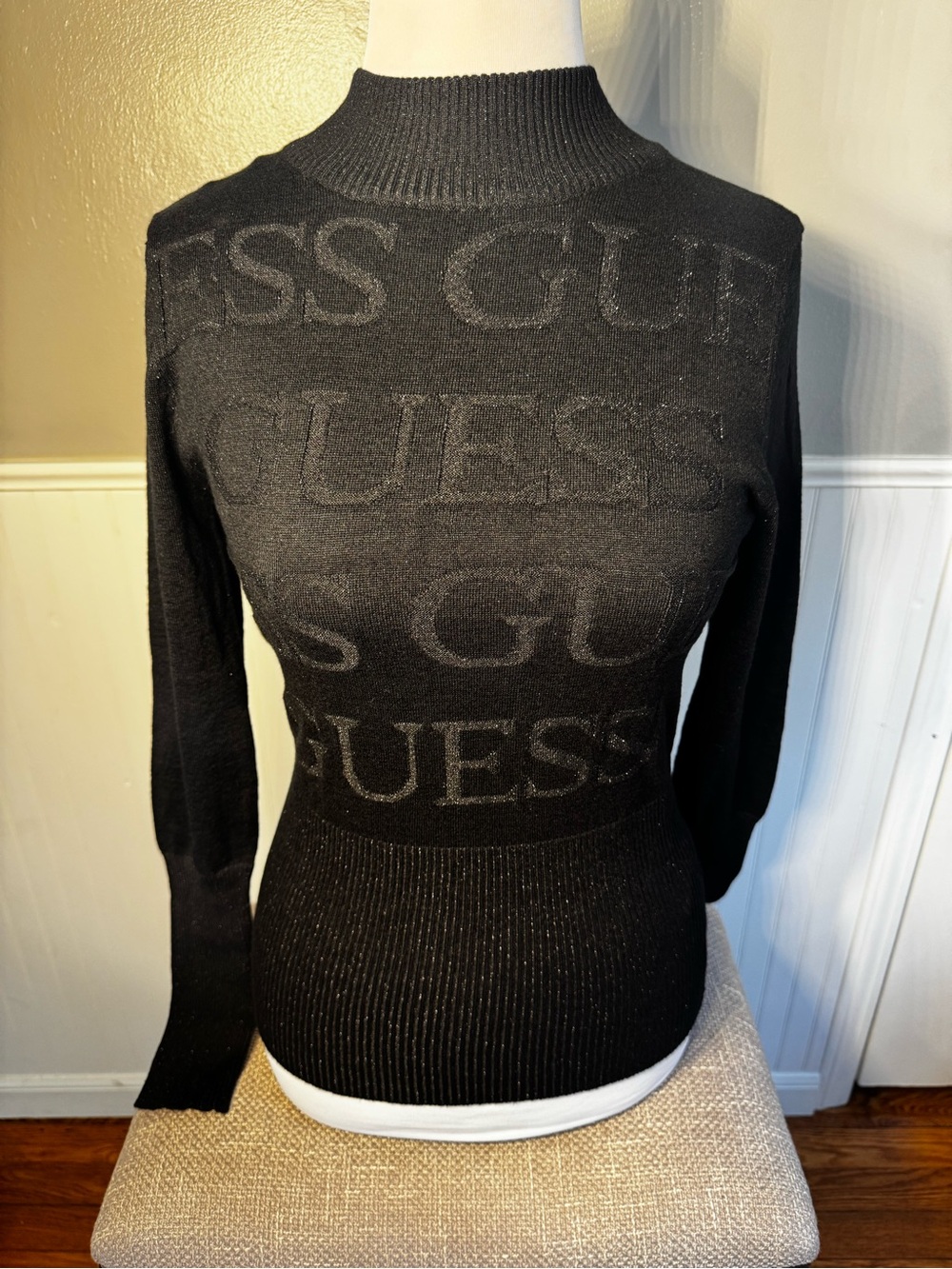 Guess Black Logo Mock Neck Sweater